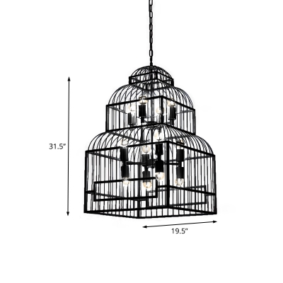 Loft Metal Cage Hanging Pendant Light with Adjustable Chain 12 Bulbs Black/Wood Hanging Lamp