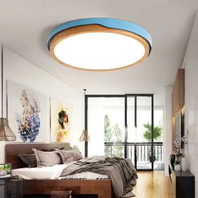 Macaron White/Blue Round Ceiling Fixture Metal and Wood 1 Light Ceiling Flush Mount for Bedroom, White/Stepless Adjusted