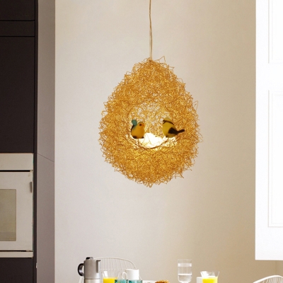 Modern Hanging Nest Pendant Light with Bird Metal 5 Lights Gold Ceiling Chandelier Lamp for Restaurant