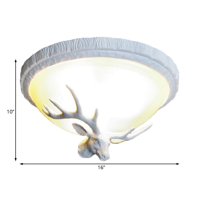 Opal Glass Bowl Flushmount Light with Deer Accents 3 Lights Loft Style Resin Flush Lamp in White