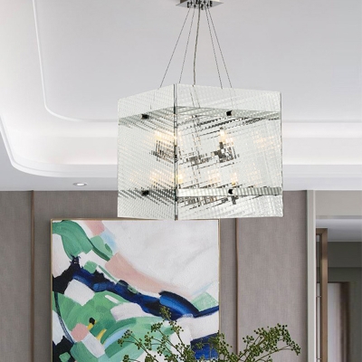 Prismatic Glass Square Hanging Ceiling Light 8 Bulbs Contemporary Chandelier Lamp