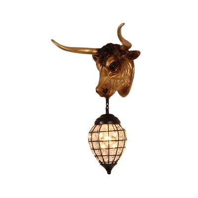 Resin Cattle Sconce Lighting with Crystal Teardrop Glass Shade 1 Light Rustic Style Wall Lamp