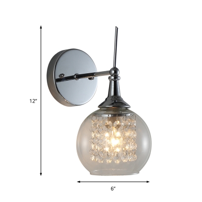 Smoke Gray Glass Globe Wall Lamp Contemporary 1 Light Wall Sconce with Crystal in Chrome Finish