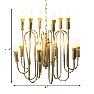 Vintage Candle Hanging Ceiling Light Metal 12 Lights Exposed Bulb Chandelier in Polished Gold