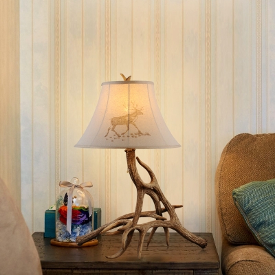 White Fabric Shade Table Lamp with Bell Shade Single Light Lodge Style Standing Table Light