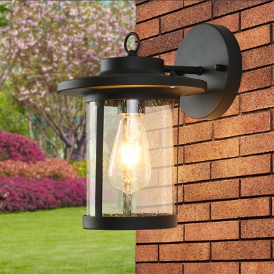 1 Head Round/Rectangle Backplane Wall Light Modern Sconce Lighting with Glass Shade in Black