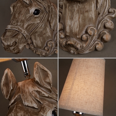 1 Light Cone Wall Mount Lamp with Resin Horse Base Beige Fabric Shade Loft Wall Light for Living Room