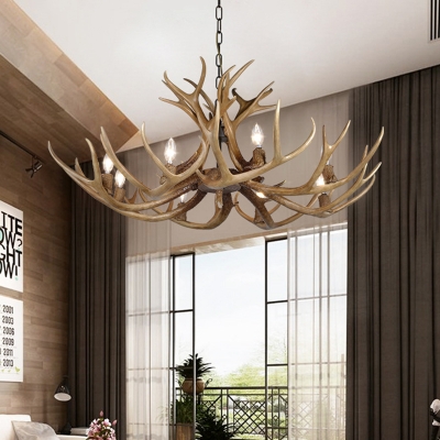 3/5/6/8/12 Lights Candle Pendant Light Fixture with Antlers Modernist Resin Ceiling Chandelier with Chain in Khaki