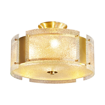 4 Lights Drum Semi Flush Light Clear Dimple Glass Vintage Bedroom Ceiling Lighting in Brass