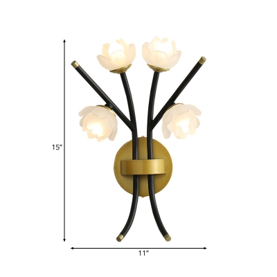 4 Lights Lotus Sconce Lighting Vintage Frosted Glass Shade Wall Lamp in Warm Brass