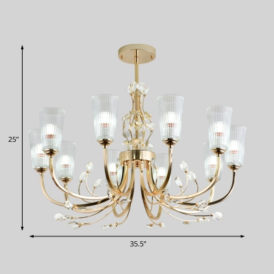 6/8/10 Lights Cone Chandelier Lighting Clear Ribbed Glass Modern Hanging Ceiling Light in Gold