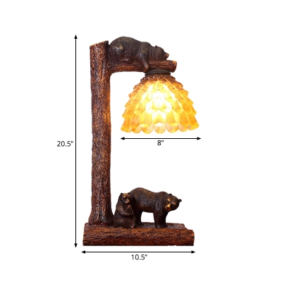 Amber Glass Pinecone Table Light Lodge 1 Head Decorative Standing Table Light with Bear