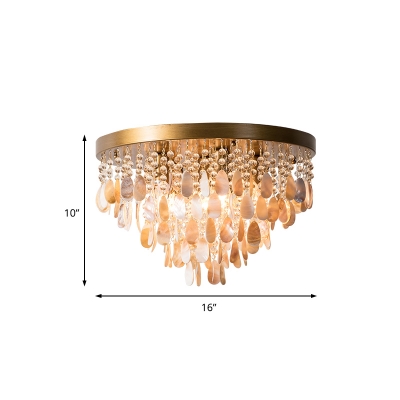 Cone Shape Flush Mount Light Contemporary Crystal Bead and Shell Ceiling Lamp in Brass for Study Room