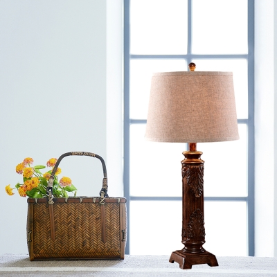 Cone Table Lighting with Leaf Pattern Beige Linen Shade Country Style Table Lamp in Brown
