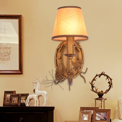 Cone Wall Lighting with Fabric Shade and Bird Accent Countryside 1 Light Wall Sconce in Bronze