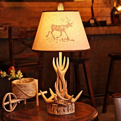 Country Style Tapered Table Lamp with Antler Accents 1 Light Beige Fabric Shade Table Light
