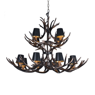 Fabric Conic Pendant Lighting with Antlers Modernist 3/6/8/12 Lights Hanging Light Fixture in Black for Living Room