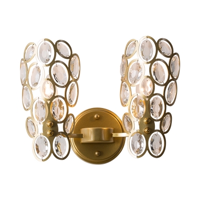 Gold Circle Wall Sconce Light with K9 Clear Crystal 2 Heads Vintage Wall Lighting for Bedroom