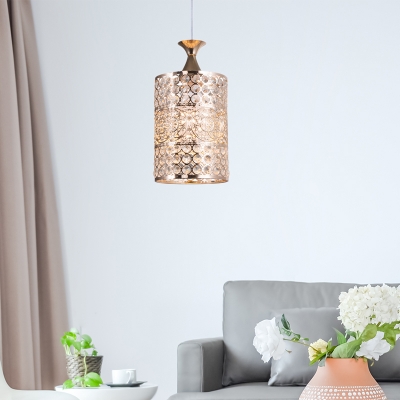 Gold Cylinder Ceiling Pendant Light Metal and Clear Crystal 1 Light 6