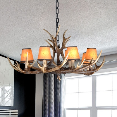 Height Adjustable Chandelier Lamp with Cone Shade and Antlers Resin Country 4/6/8/10/15 Bulbs Pendant Lighting in Brown