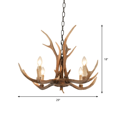 Height Adjustable Pendant Chandelier with Antlers and Bare Bulb Countryside Resin 4/6/8/10 Lights Hanging Lamp in Brown