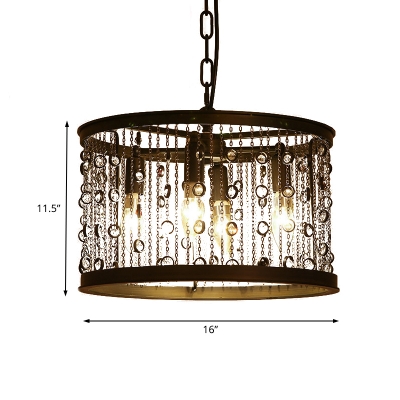 Loft Style Black Drum Suspended Lamp 4 Bulbs Metal Pendant Lamp with Chain and Crystal Beads