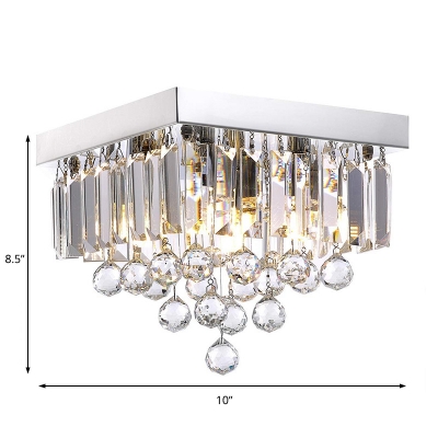 Luxurious Square Flush Ceiling Light with Clear Crystal Ball Metal LED Ceiling Lamp in Chrome for Bedroom
