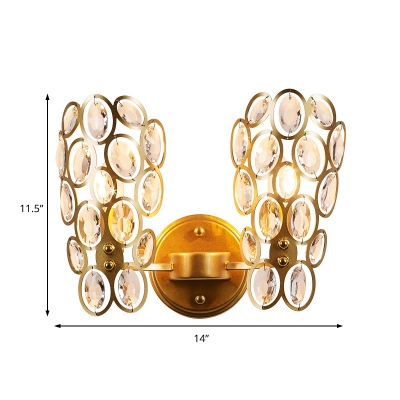 Metal Candle Sconce Light with Crystal Decor 2 Lights Modern Style Sconce Wall Light in Gold for Bedroom