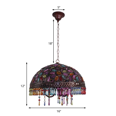 Metal Dome Suspension Light with Crystal Prisms 3 Lights Foyer Pendant Lamp in Copper