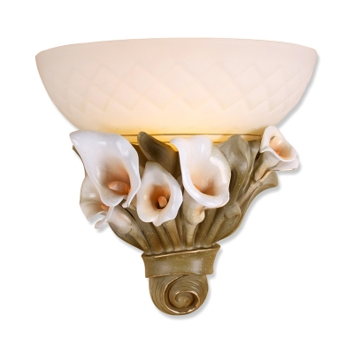 Milk Glass Bowl Wall Lighting with White Flower 1 Head Wall Sconce Light in Yellow/White