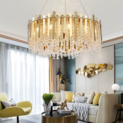 Modern Drum Suspension Light with Clear Crystal Beaded Strand 12 Lights Living Room Lighting in Brass