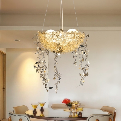 Modernism Bird's Nest Pendant Lamp Metal and Glass 4 Lights Hanging Chandelier Lighting in Gold/Silver