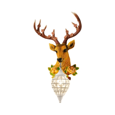 Resin Deer Wall Sconce Lighting with Flower Loft Teardrop Clear Crystal Wall Lamp