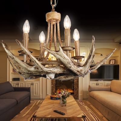 Rustic Candle Ceiling Pendant Light with Antlers Light Brown Resin 4 Heads Chandelier Lighting Fixture