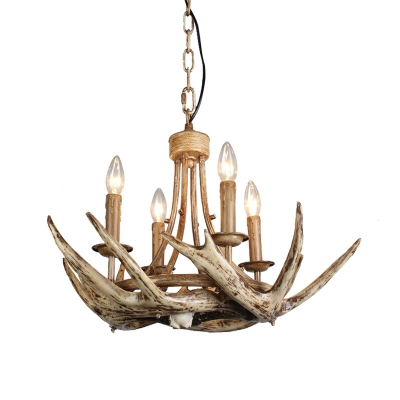 Rustic Candle Ceiling Pendant Light with Antlers Light Brown Resin 4 Heads Chandelier Lighting Fixture