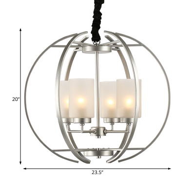 Silver Orb Hanging Lamp with Cylinder Opal Glass Shade 4 Lights Vintage Foyer Chandelier