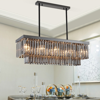 Smoke Crystal Rectangle Pendant Light 10/12 Bulbs Modern Hanging Chandelier for Dining Room, 31.5
