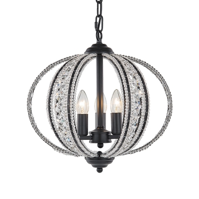 Spherical Hanging Lamp Industrial Clear Crystal and Metal 3 Lights Black/Gold Pendant Light
