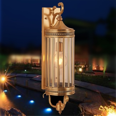 Traditional Cylindrical Wall Lamp Clear Crystal 1/3 Bulbs Outdoor Sconce Light in Gold