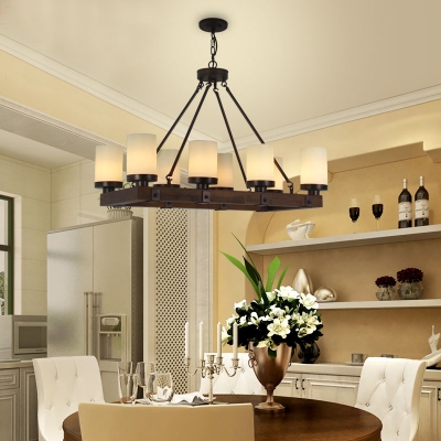 Wooden Rectangle Island Chandelier with Opal Glass Shade Country Style 6/8 Heads Pendant Lamp for Kitchen Island