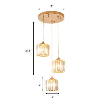 3 Lights Cluster Pendant Light with Drum/Square Clear Crystal Shade Modern Hanging Ceiling Light in Gold