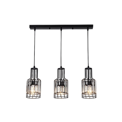 3 Lights Linear Pendant Light with Bottle/Cylinder Shade Metal and Crystal Modern Black Suspension Lamp