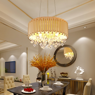 4/5 Lights Drum Hanging Pendant Light with Crystal Cube Modern Chandelier Light in Brass, 16