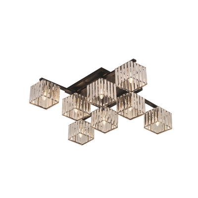 4/6/8 Lights Square Semi Flush Lighting Triangle Cut Clear Crystal Vintage Black/Gold Semi Flush Mount for Living Room