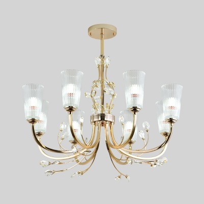 6/8/10 Lights Cone Chandelier Lighting Clear Ribbed Glass Modern Hanging Ceiling Light in Gold