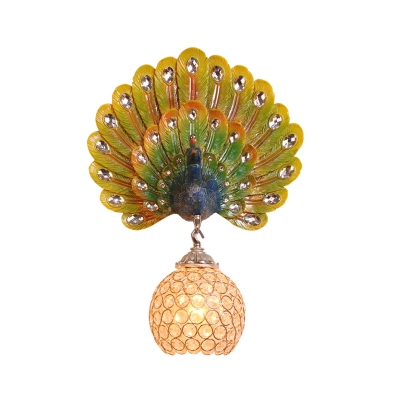 Aqua/Silver/White Peacock Wall Light Sconce Country Style 1 Light Wall Lamp with Dome Crystal and Metal Shade