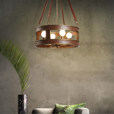 Brown Drum Chandelier Lamp Country Style Height Adjustable Metal 4 Lights Indoor Hanging Ceiling Light