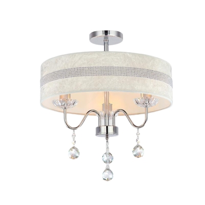 Chrome Drum Lighting Fixture Modern Fabric and Metal 3 Light Ceiling Light Fixture with Crystal for Bedroom