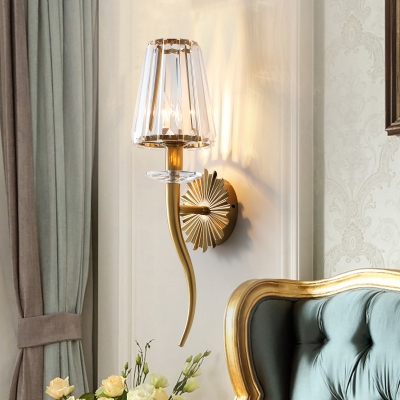 Clear Tapered Shade Wall Light with Gold Backplate 1 Light Crystal Sconce Light for Restaurant