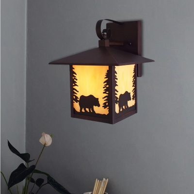 Copper Lantern Wall Lighting Village Style 1 Light Amber Glass Outdoor Sconce Light for Porch